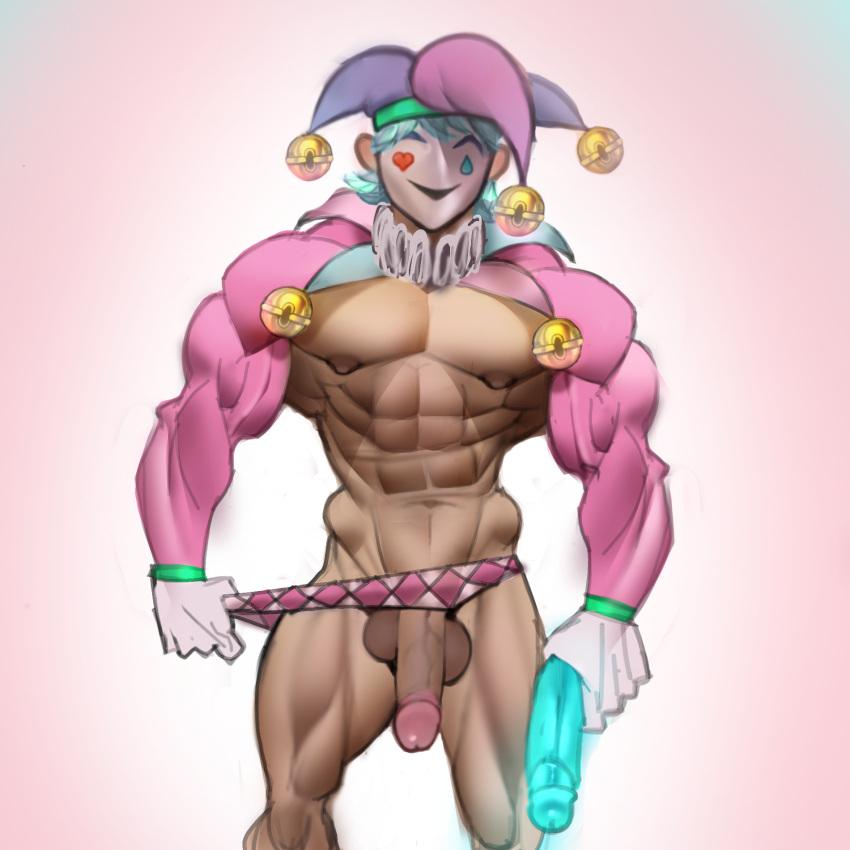 bara big_balls big_nipples big_penis clown clown_boy dildo jester jester_hat male male_only mask muscular muscular_male pecs penis solo underwear_aside