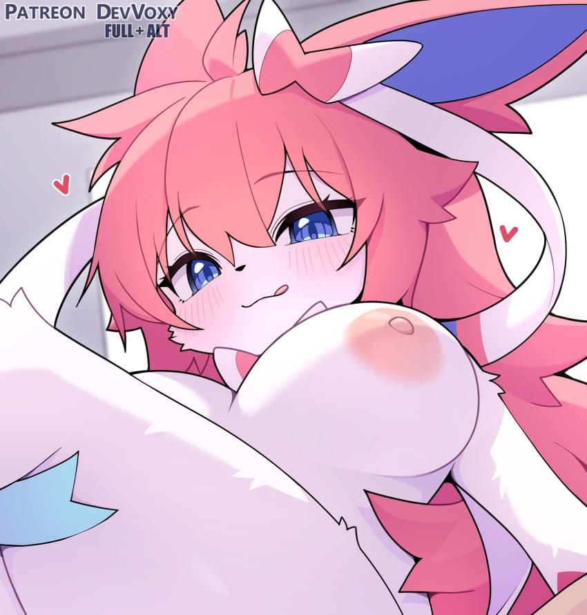 anthro areola biped black_nose blue_eyes blush breasts devil-vox eeveelution eyebrows eyelashes female fur generation_6_pokemon hair heart_symbol hi_res licking licking_lips nintendo nipples pink_hair pokemon pokemon_(species) pupils solo sylveon tongue tongue_out white_body white_fur