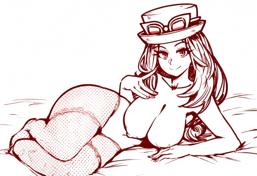 ai_generated blue_eyes breasts_bigger_than_head brown_hair female hat huge_breasts mullon nipples novelai nude pokemon pokemon_xy serena_(pokemon) smile smiling smiling_at_viewer solo top_heavy