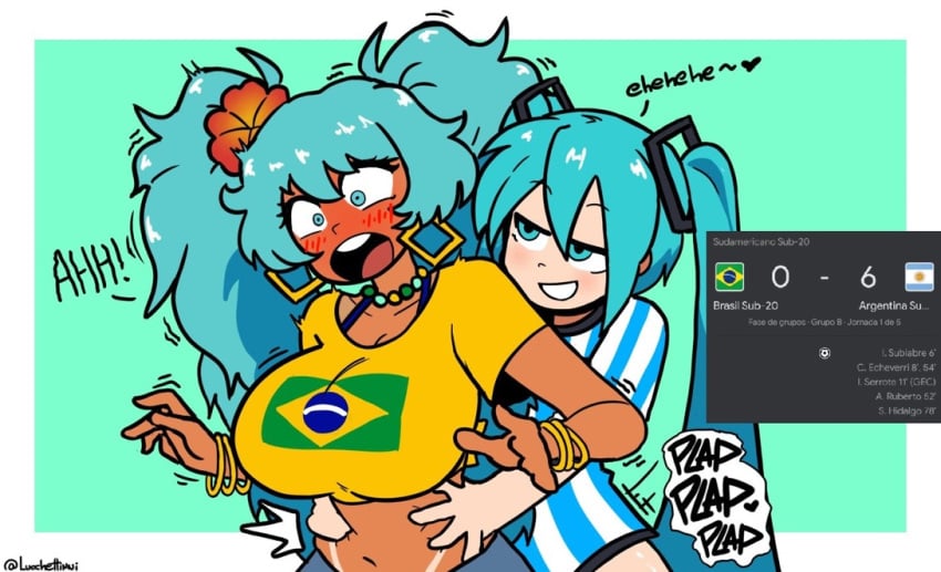 1futa 1girls ambiguous_gender ambiguous_penetration argentina argentinian argentinian_miku big_breasts blue_eyes blue_hair blush brazil brazilian brazilian_female brazilian_miku curvy curvy_figure female female_penetrated football from_behind_position futanari hatsune_miku implied_futanari implied_penetration implied_sex latina offscreen_sex onomatopoeia plap plap_(sound) selfcest sex small_dom_big_sub smaller_futanari smile soccer tan_body tan_skin twintails vocaloid yuri