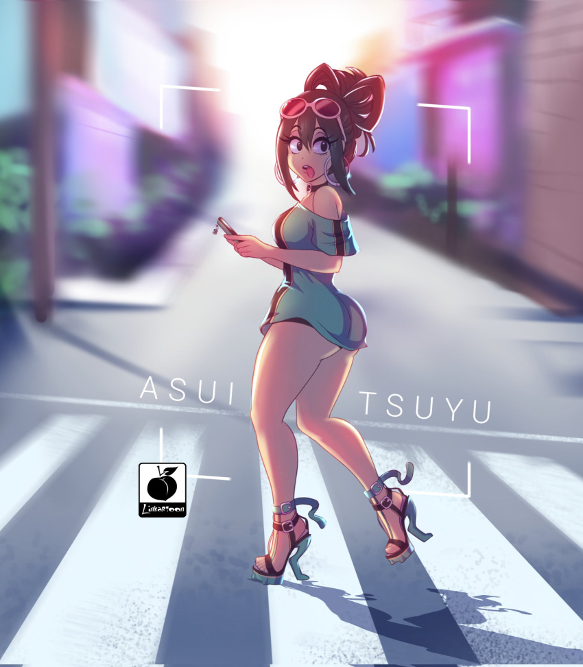 1girls alternate_costume alternate_hairstyle bare_shoulders black_eyes black_hair cellphone crosswalk dress earrings glasses_on_head high_heel_sandals high_heels linkartoon looking_back my_hero_academia road slutty_clothing street tongue_out tsuyu_asui walking