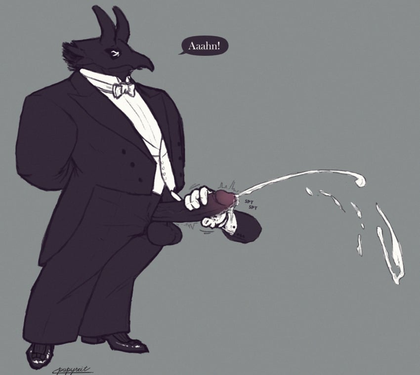 anthro balls beak big_penis black_body black_clothing black_footwear black_socks bodily_fluids bow_tie cassius_(papyreit) classy closed_eyes clothing coat collar cuff_links cum cumshot demon dialogue disembodied_hand dress_pants dress_shirt dress_shoes ejaculation erection footwear foreskin formal_wear genital_fluids genitals handjob hi_res horn looking_pleasured male narcissism necktie overweight overweight_anthro overweight_male papyreit penile penis penis_poking_out penis_through_fly sex shirt socks solo speech_bubble spikes standing tailcoat topwear vest white_necktie