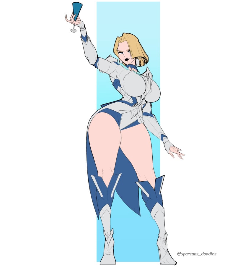 1girls armor athletic athletic_female athletic_thighs big_ass big_breasts big_thighs blonde_female blonde_hair blue_lipstick bob_cut choker cup dress earrings emma_frost emma_frost_(marvel_rivals) female female_only high_heel_boots makeup marvel marvel_rivals standing thick_thighs thighs white_background x-men