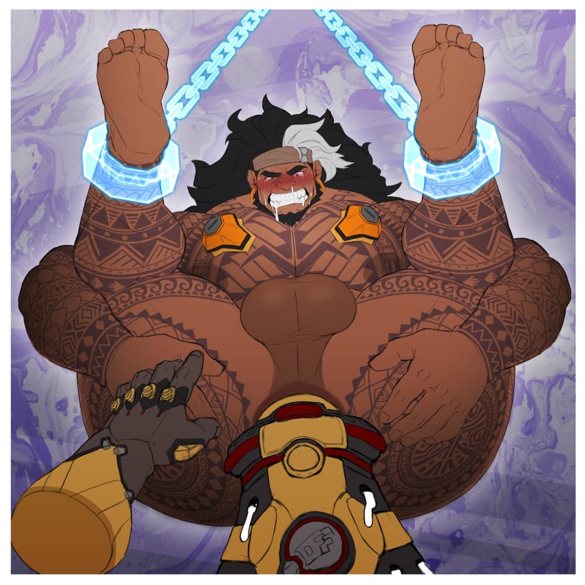 2boys anus ass asshole balls bandana bara beard big_ass big_balls big_butt big_pecs big_penis black_hair blush body_modification chained chained_ankles chains doomfist ear_piercing earrings feet feet_above_head feet_up fingering fist fisting gauntlet gay male/male mauga nu_nudo_do overwatch overwatch_2 presenting stretching stretching_anus tattoo tattoo_on_arm tattoo_on_butt tattoo_on_chest tattoo_on_legs tattooed_arm tattoos white_hair_streak yaoi