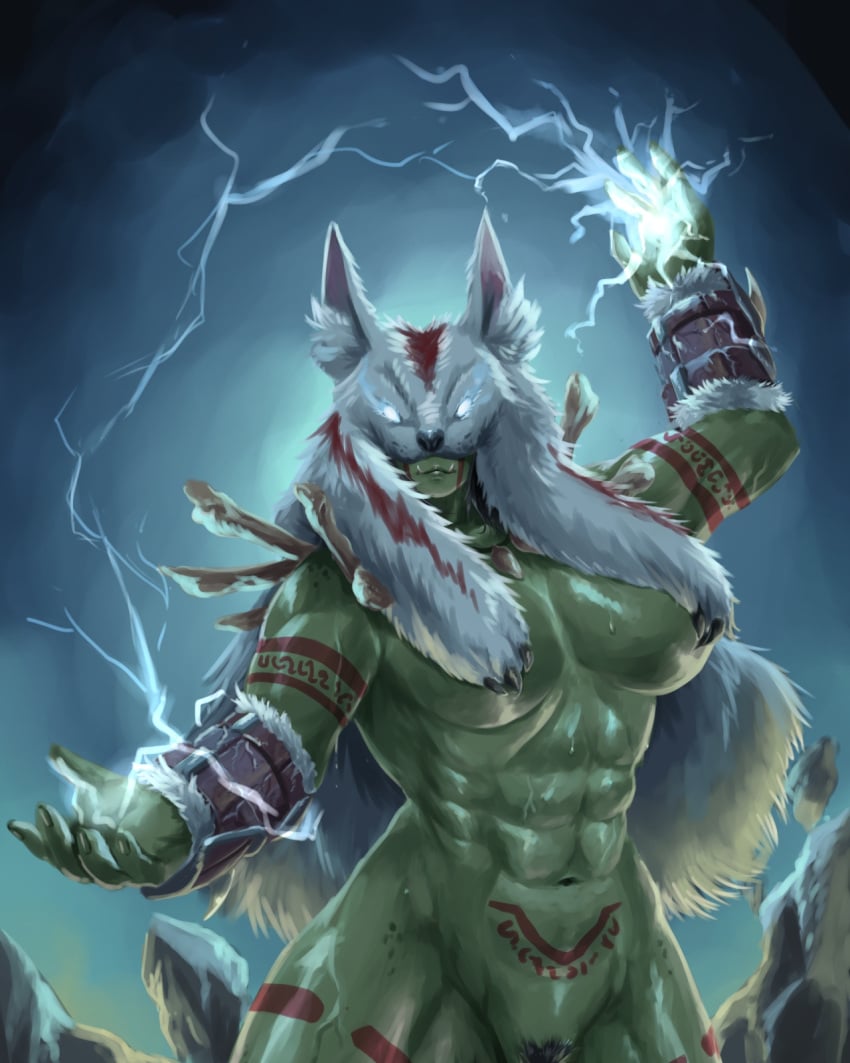 1girl 1girls 2d 2d_(artwork) 2d_artwork abs badass blizzard_entertainment breasts casting_spell elemental female fit fit_female fur fur_cloak fur_trim fur_trim_(clothing) headdress lightning lightning_bolt muscular muscular_female orc orc_(warcraft) orc_female orc_shaman shaman shaman_(warcraft) shamaness solo solo_female tattoo tattoo_on_legs tattooed_arm tattoos thick_thighs tribal tribal_markings tribal_tattoo tribal_tattoos underboob warcraft wolf_hat world_of_warcraft yultzr