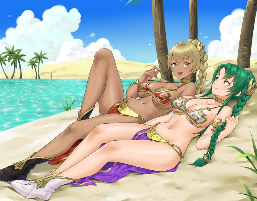 beach belly_dancer belly_dancer_outfit big_breasts boots braided_hair bun_hair cecilia_(fire_emblem) fire_emblem fire_emblem_the_binding_blade green_hair gyaru happy_expression happy_female harem harem_girl harem_outfit hourglass_figure igrene_(fire_emblem) large_breasts loincloth long_legs lounging mole_under_eye multiple_girls oasis redkite scantily_clad slave slave_bikini slave_collar slave_leia_(cosplay) slave_outfit slavegirl smiling_at_another stretching_out two_girls voluptuous