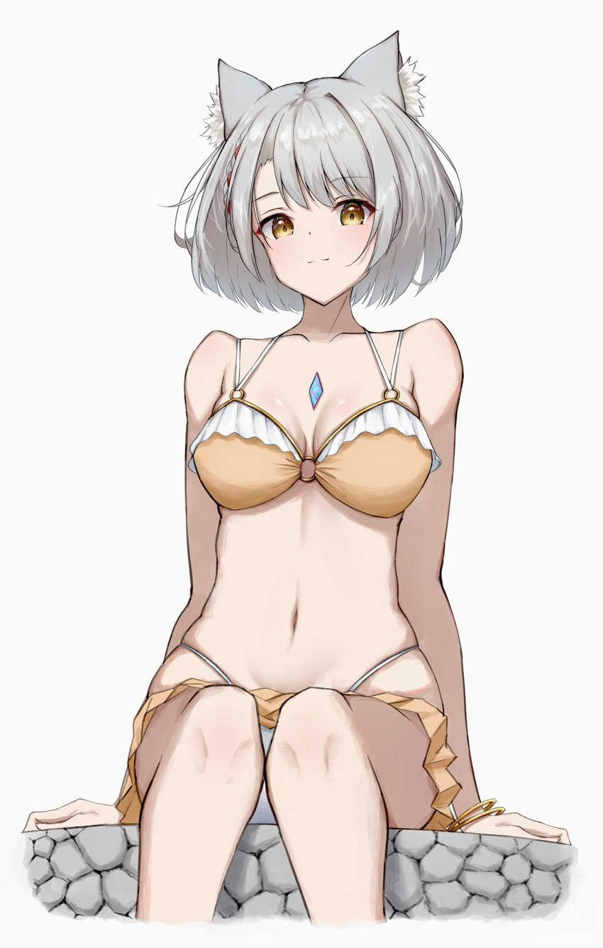 1girls alluring bikini black_bikini blonde_hair cleavage core_crystal_(xenoblade) criss-cross_halter female full_body grin halterneck highres holding holding_towel large_breasts long_hair looking_at_viewer navel nia_(xenoblade) okazu2010015 simple_background smile solo swept_bangs swimsuit towel xenoblade_(series) xenoblade_chronicles_2 yellow_eyes