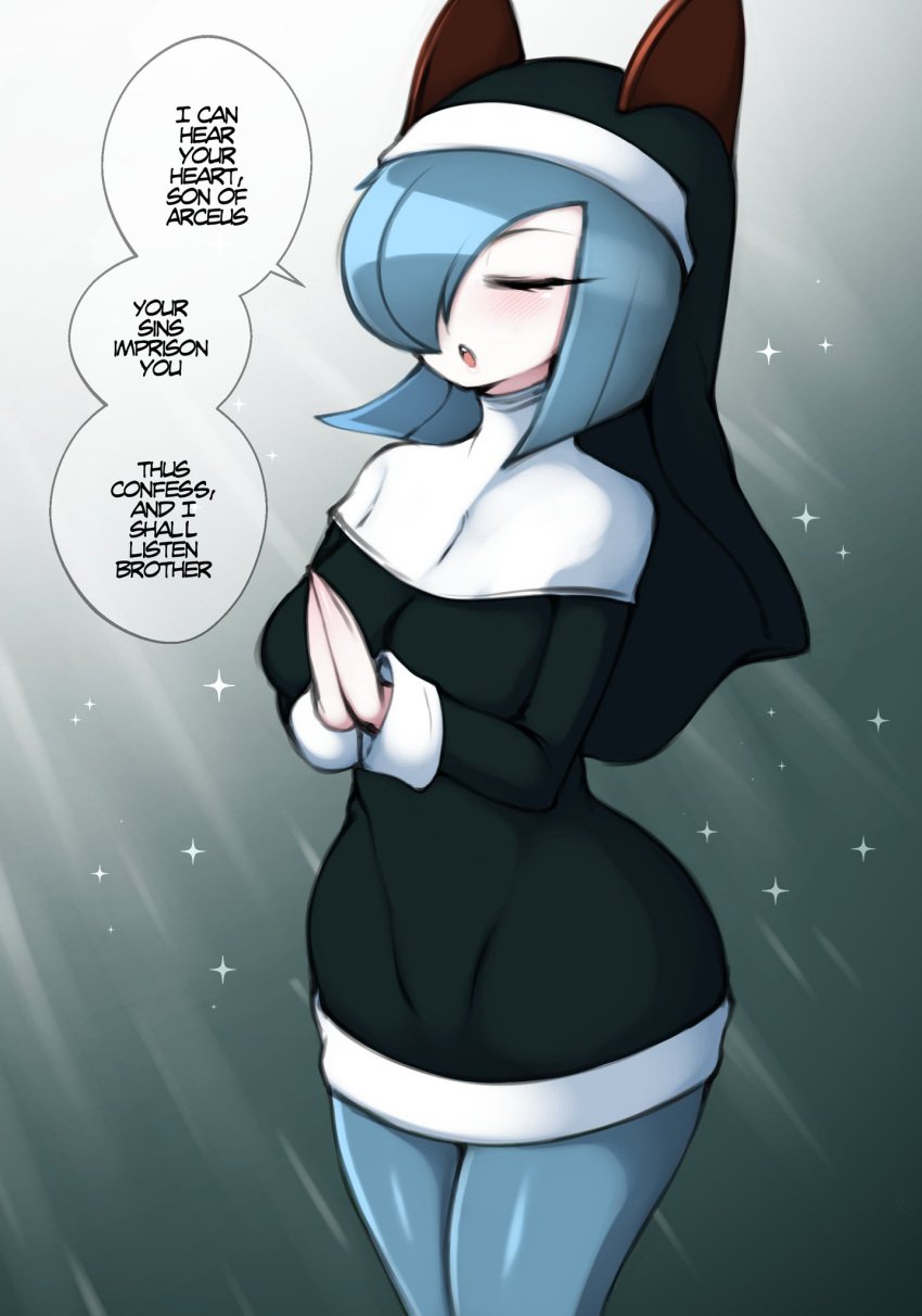 1girls anthro breasts dialogue edit edited english_text female female_pokemon gonzalo_costa green_hair kirlia medium_breasts nintendo nun nun&#039;s_habit nun_outfit pok&eacute;mon_(species) pokemon pokemon_(species) saltyxodium shiny_pokemon short_hair thick_thighs white_body wide_hips