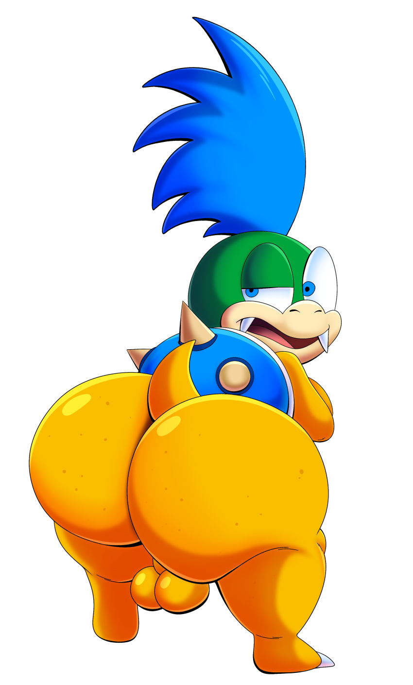 absurd_res anthro ass backsack balls big_butt blue_eyes blue_hair freckled_butt freckles genitals hair hi_res koopa koopaling larry_koopa male mario_(series) mario_bros nintendo nude presenting presenting_hindquarters scalie shell solo spikes tepigfan101