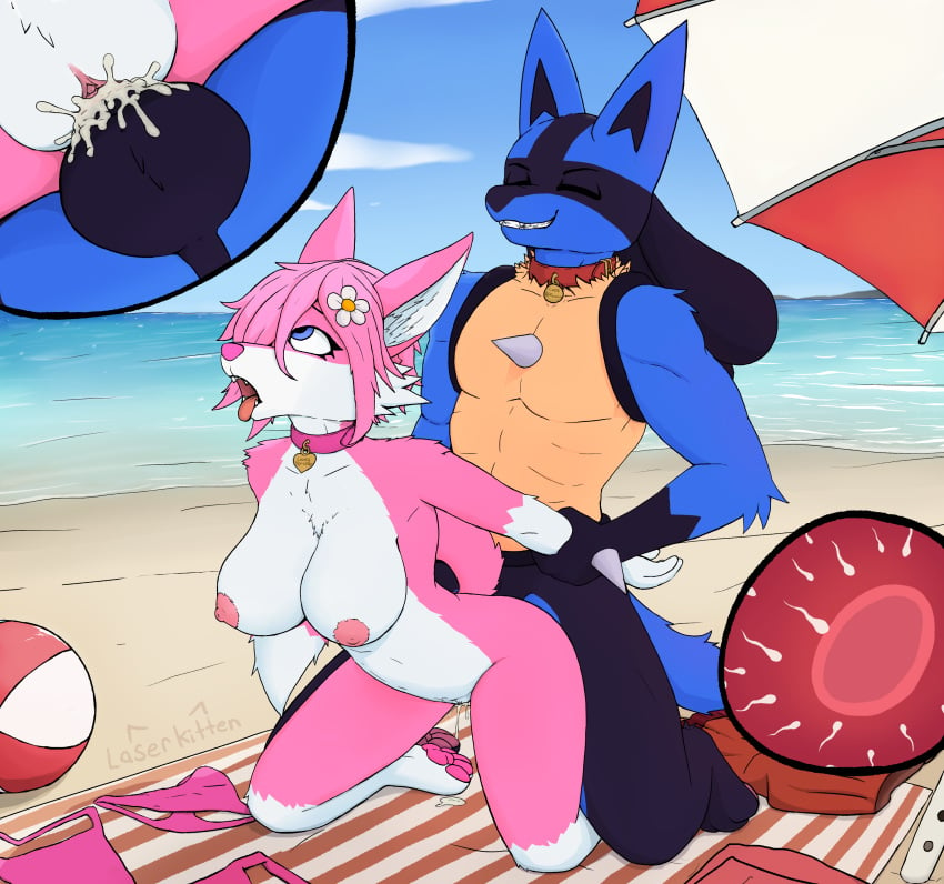 absurd_res ahe_gao anthro athletic athletic_anthro ball beach beachball big_breasts blue_body blue_eyes blue_fur bodily_fluids breasts canid canine close-up collar cum cum_inside duo female fox fur generation_4_pokemon genital_fluids hi_res laserkitten looking_pleasured lucario male male/female mammal muscular muscular_male nintendo nude pink_body pink_fur pokemon pokemon_(species) public public_nudity public_sex sea sex uterus water