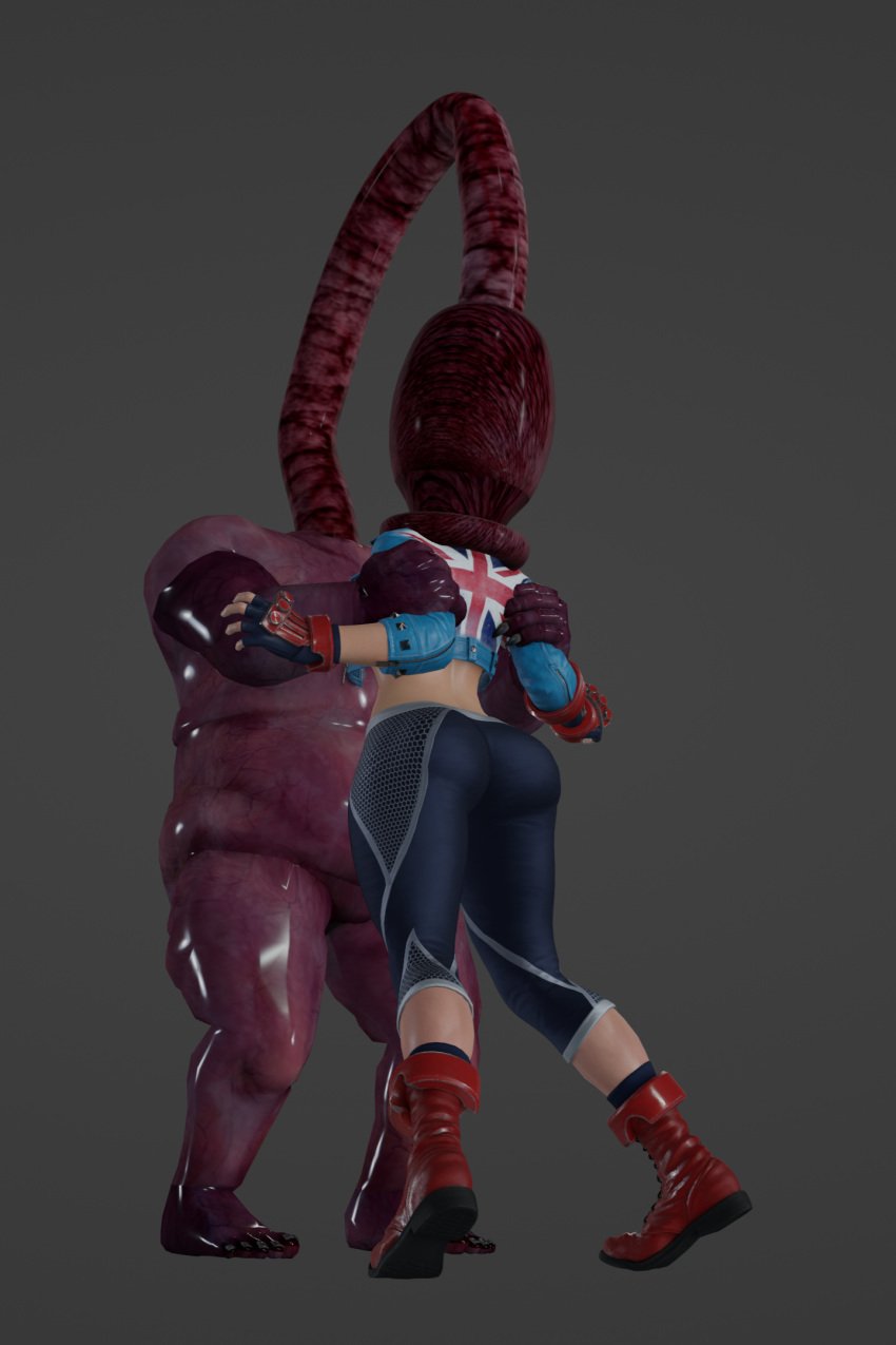 1girls arm_grab athletic_female breasts cleavage clothed_female crop_top cropped_jacket face_sucking female fully_clothed head_capture interspecies leggings light-skinned_female monster pants restrained restrained_arms tentacle thick_thighs thighs vore