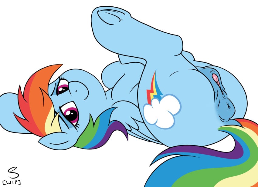 anatomically_correct anus clitoral_winking clitoris dock equine female flat_shading friendship_is_magic horse invalid_tag lidded_eyes looking_at_viewer lying mammal my_little_pony nude on_back pegasus pony pussy rainbow_dash_(mlp) relaxing selenophile simple_background solo straight_hair underhoof unfinished wings