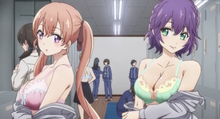 6+girls amano_erika anime_screenshot bra breasts close-up green_bra highres indoors, kakkou_no_iinazuke large_breasts locker locker_room multiple_girls pink_bra segawa_hiro standing talking twintails underwear undressing undressing_together