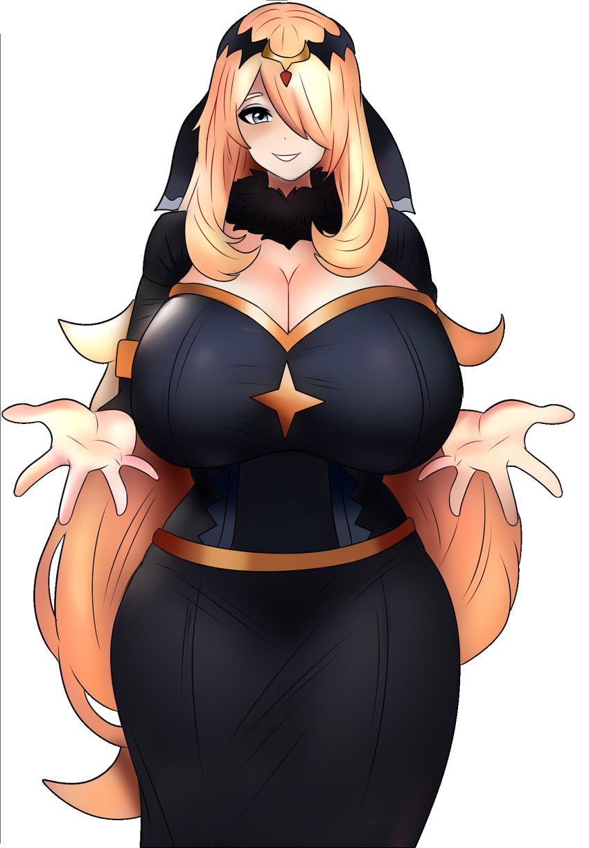 1girls alternate_costume big_breasts black_clothing blonde_hair blue_eyes boob_window chorquistudios cynthia_(pokemon) game_freak hug huge_breasts looking_at_viewer milf official_alternate_costume pokemon pokemon_dppt pokemon_masters smile sygna_suit_cynthia_(renegade) welcoming