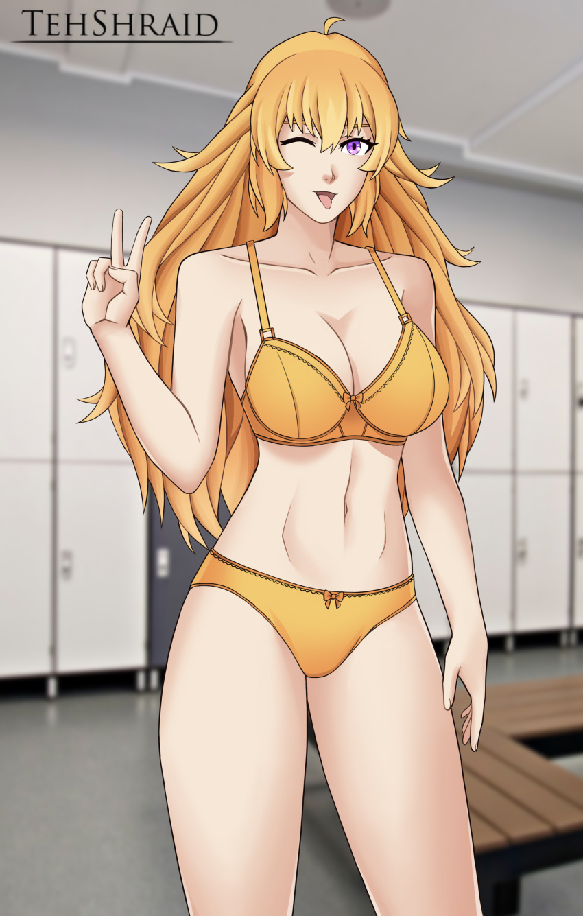 1girls blonde_female blonde_hair bra locker_room long_hair long_hair_female panties purple_hair rwby solo_female sticking_out_tongue tehshraid yang_xiao_long