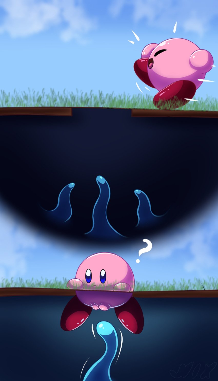 blue_sky blue_tentacles cloud confusion dirt featureless_hands female grass happy_expression imminent_rape imminent_sex kirby kirby_(series) neutral_expression nintendo nixkirb18 pink_body pink_skin pussy question_mark red_feet rule_63 shaded simple_background simple_eyes tentacle waddling_head