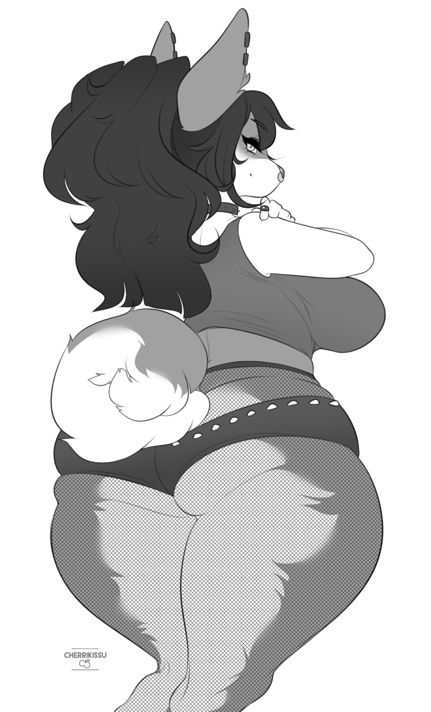 2018 anthro ass big_breasts big_butt breasts canid canine cherrikissu clothed clothing curvy_figure digital_media_(artwork) female fur hair hi_res huge_breasts huge_thighs looking_at_viewer looking_back mammal monochrome side_boob simple_background slightly_chubby solo standing text thick_thighs voluptuous wide_hips