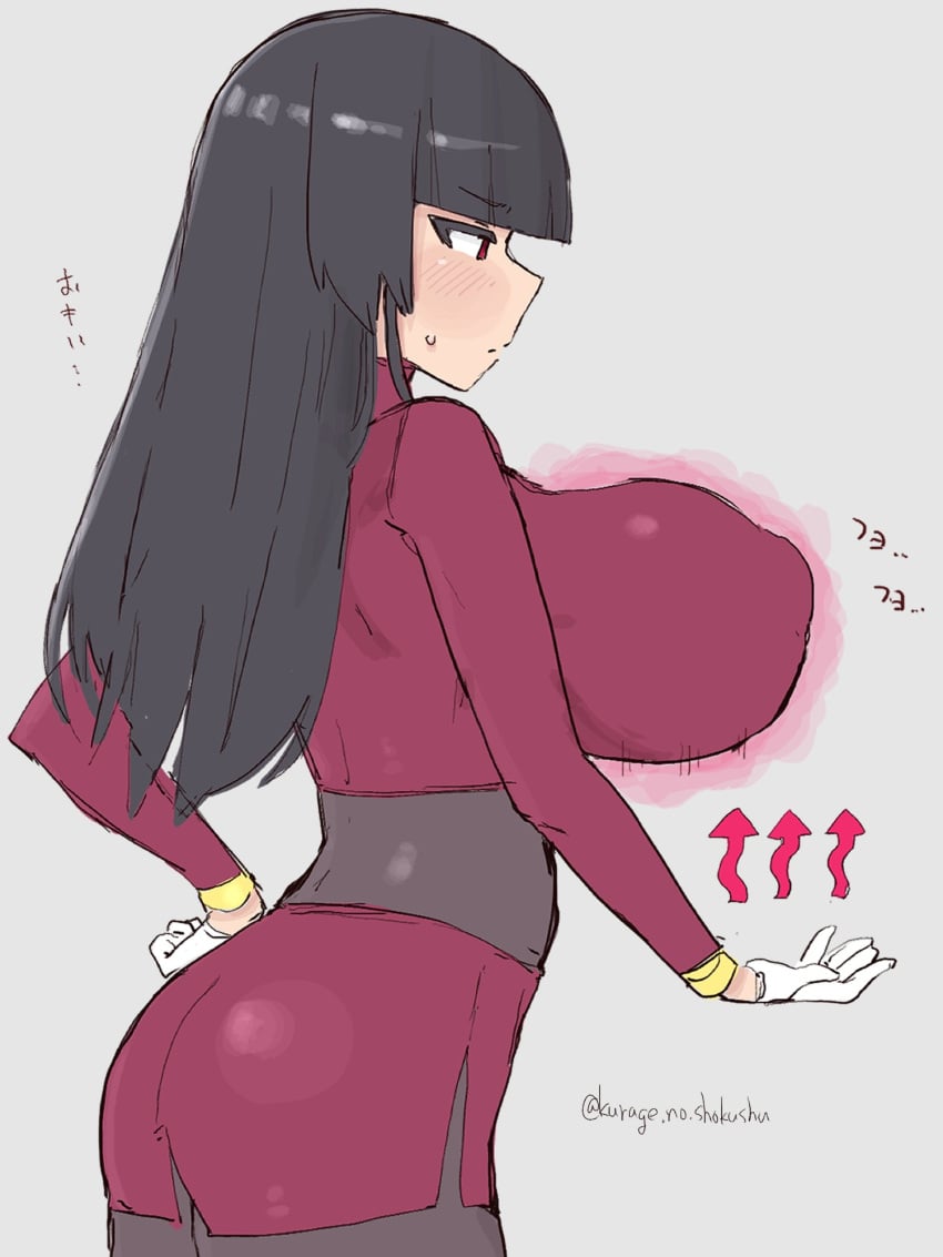 1girls artist_name ass blunt_bangs blush breast_lift breasts busty clothing dress eyebrows_visible_through_hair female female_only hand_on_hip huge_breasts japanese_text kurage_shokushu long_hair nintendo pokemon psychic psychic_powers sabrina_(pokemon) side_view solo sweatdrop