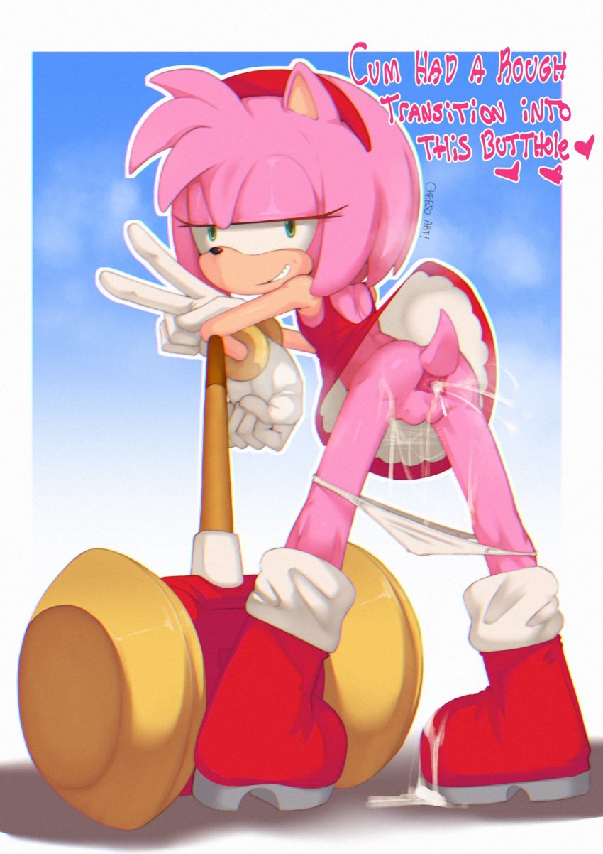 2024 amy_rose anthro anus biped bodily_fluids boots bottomwear bottomwear_down cheesoart clothed clothing cum cum_in_ass cum_inside dress english_text eulipotyphlan female footwear fur genital_fluids genitals gesture gloves green_eyes grin hand_gesture handwear hedgehog hi_res looking_at_viewer mammal pants pants_down partially_clothed piko_piko_hammer pink_body pink_fur pussy sega shoes signature smile solo sonic_(series) sonic_the_hedgehog_(series) tail text v_sign white_clothing white_gloves white_handwear