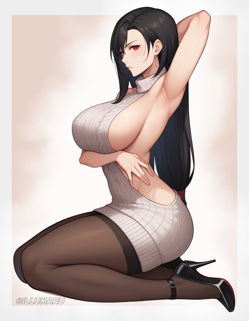 1girls 2025 ai_generated arm_up armpits ass big_ass black_hair brown_eyes clothed curvaceous curvy curvy_body curvy_female curvy_figure detailed earrings female female_focus female_only final_fantasy final_fantasy_vii final_fantasy_vii_remake hand_under_breasts hi_res highres illumaru kneeling large_breasts long_hair looking_at_viewer no_bra no_panties outside patreon_username revealing_clothes seductive_look sideboob simple_background smile solo stable_diffusion stockings thick_thighs thighhighs tifa_lockhart virgin_killer_sweater voluptuous voluptuous_female wide_hips