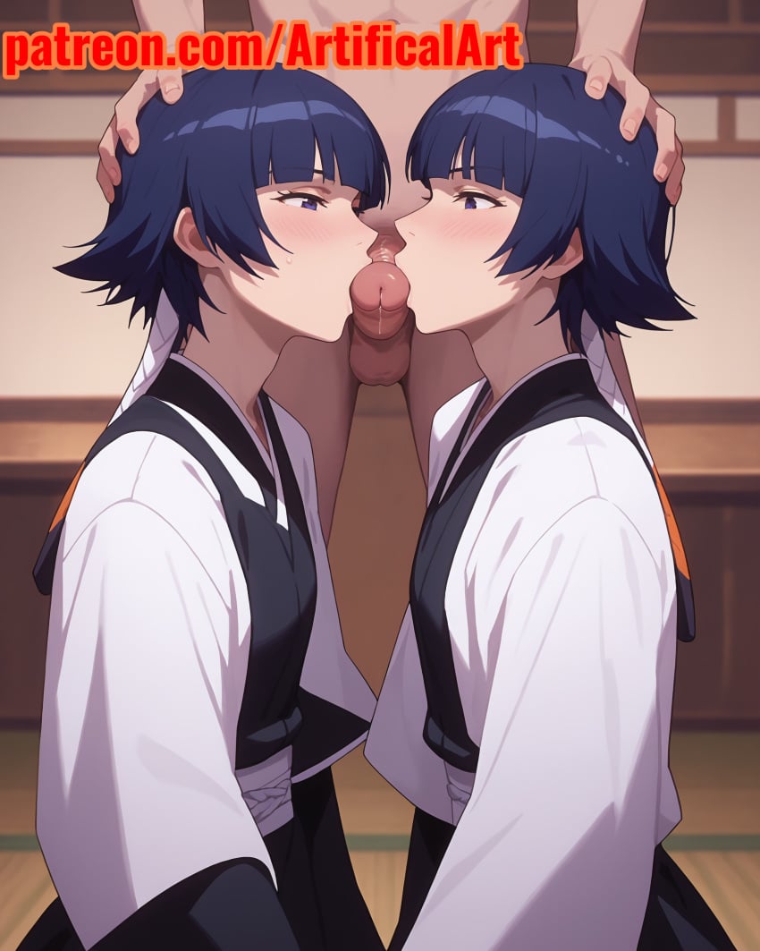 1boy 2girls ai_generated artifical_art balls black_hair bleach bleach:_the_thousand-year_blood_war blowjob double_blowjob licking licking_penis penis slender_body soifon touching_hands