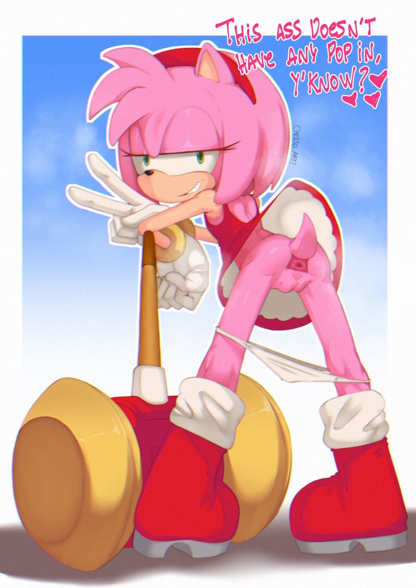 2024 amy_rose anthro anus biped boots bottomwear bottomwear_down cheesoart clothed clothing dress english_text eulipotyphlan female footwear fur genitals gesture gloves green_eyes grin hand_gesture handwear hedgehog hi_res looking_at_viewer mammal pants pants_down partially_clothed piko_piko_hammer pink_body pink_fur pussy sega shoes signature smile solo sonic_the_hedgehog_(series) tail text v_sign white_clothing white_gloves white_handwear