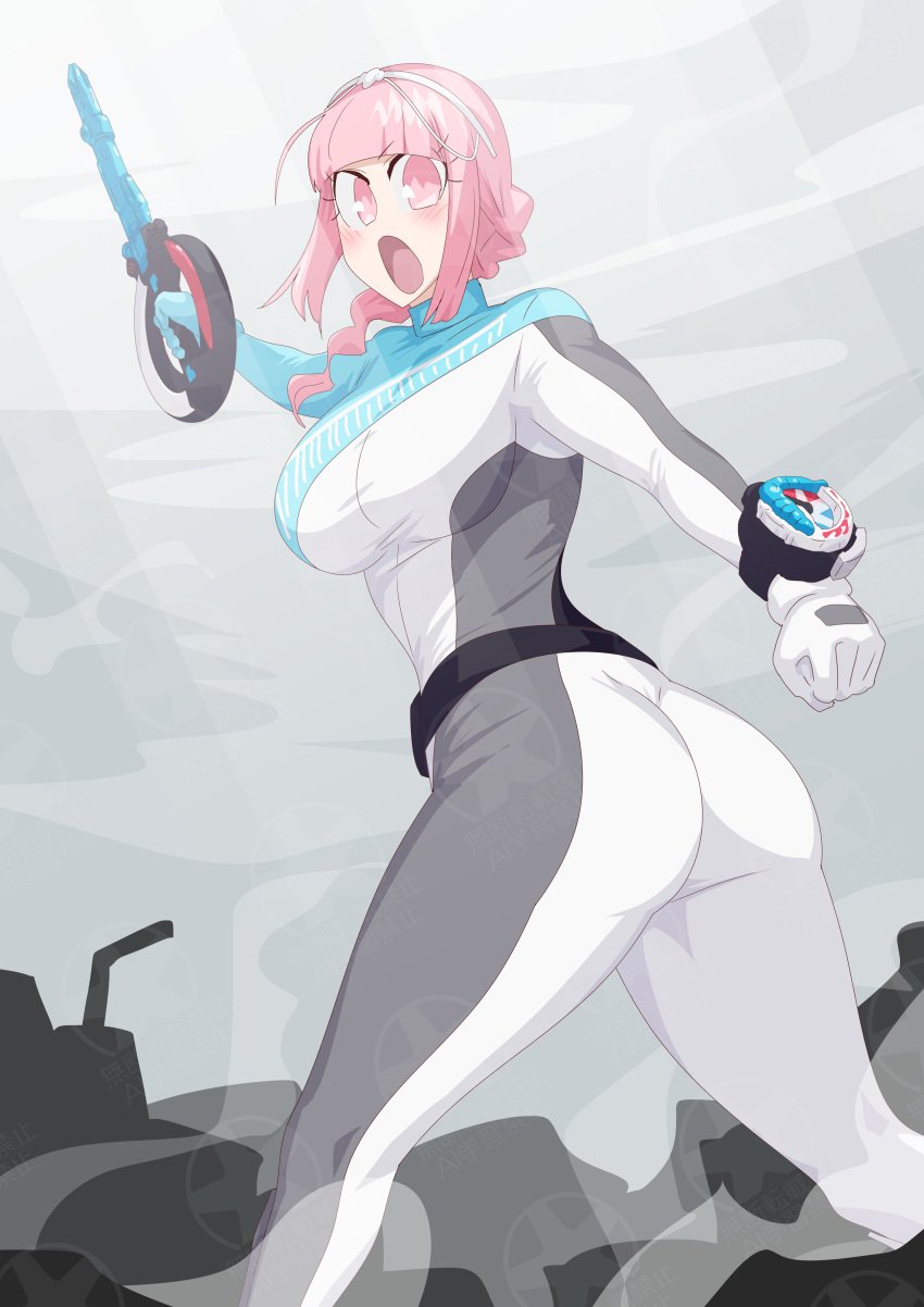 1girls alluring ass bakuage_sentai_boonboomger big_breasts bodysuit nicola_keydoor no_helmet otokam1117 pink_eyes pink_hair super_sentai