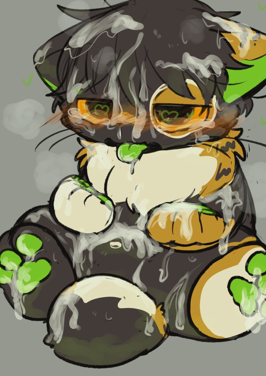 3_toes 4_fingers after_orgasm ambiguous_gender anthro blush bodily_fluids breath bukkake crying cum cum_drip cum_in_hair cum_on_body cum_on_ear cum_on_pawpads cum_play dripping drooling_tongue ear_stripes feet fingers fist fur genital_fluids green_inner_ear green_pawpads green_tongue grey_background grey_body hair heterochromatic_ears hi_res lemur looking_aside mammal multicolored_body multicolored_fur narrowed_eyes neck_tuft nude open_mouth pawpads primate simple_background sitting solo spread_legs spreading strepsirrhine tears toes tongue tongue_out tooboe_laugh tuft