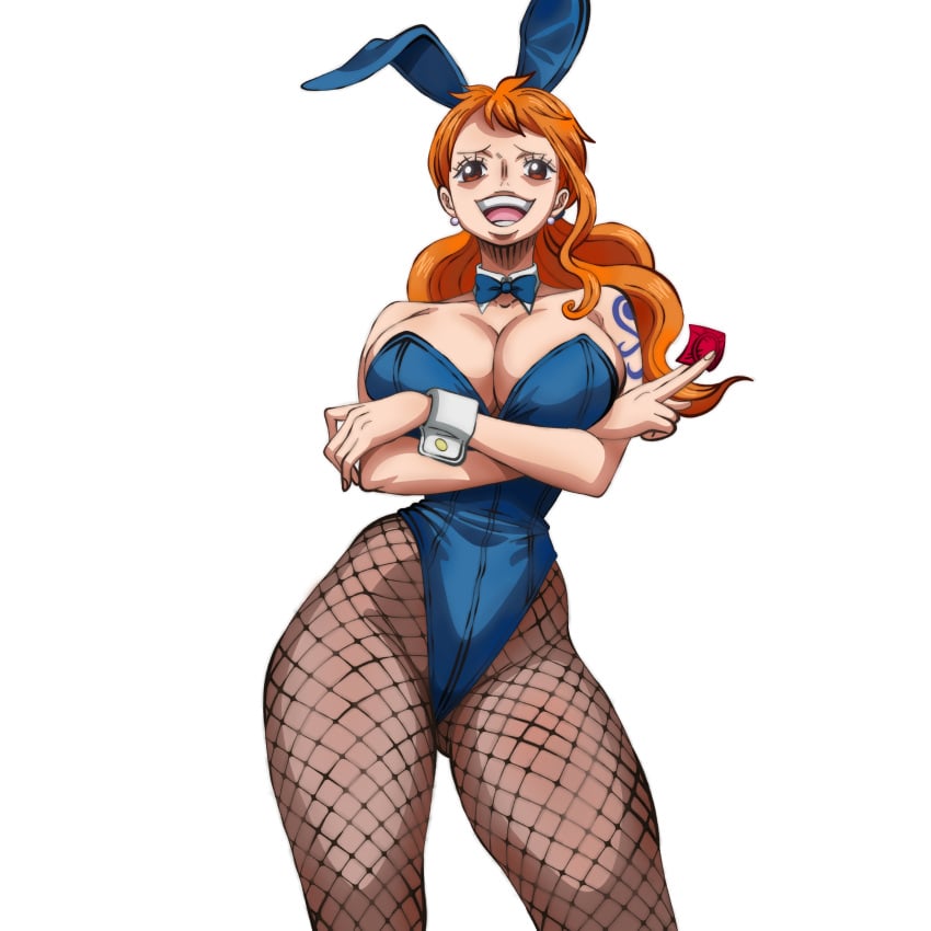 accurate_art_style arms_crossed_under_breasts arrogant big_breasts blue_bodysuit blue_bowtie blue_bunny_ears bowtie breasts brown_eyes brown_eyes_female bunnysuit cleavage clothing collarbone condom condom_on_hand crossed_arms cuffs earrings eyebrows eyelashes female female_only fit_female large_breasts long_hair long_hair_female long_ponytail looking_at_viewer nami nami_(one_piece) one_piece open_mouth orange_hair orange_hair_female ponytail ponytail_(hair) ponytail_female posing rao_jackman red_condom spider_web_stockings stockings transparent_stockings voluptuous voluptuous_female white_cuffs white_earrings