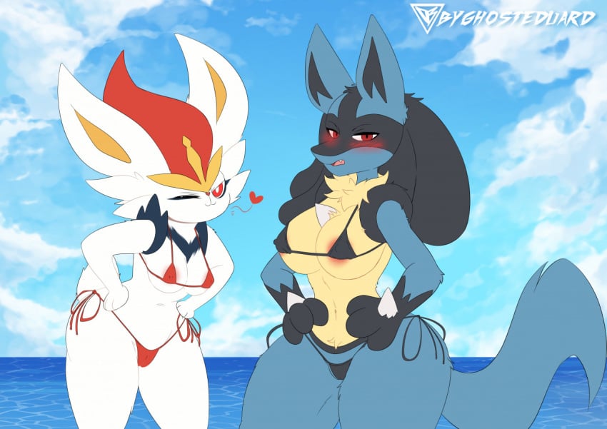 anthro areola areola_slip big_breasts bikini black_bikini_bottom black_bikini_top blue_body blush breast_size_difference breasts byghosteduard camel_toe cinderace clothing day duo female generation_4_pokemon generation_8_pokemon looking_at_viewer lucario medium_breasts micro_bikini nintendo nipple_outline one_eye_closed outside pink_areola pink_bikini_bottom pink_bikini_top pokemon pokemon_(species) side-tie_bikini side-tie_clothing side-tie_swimwear string_bikini swimwear thick_thighs triangle_bikini under_boob white_body wide_hips