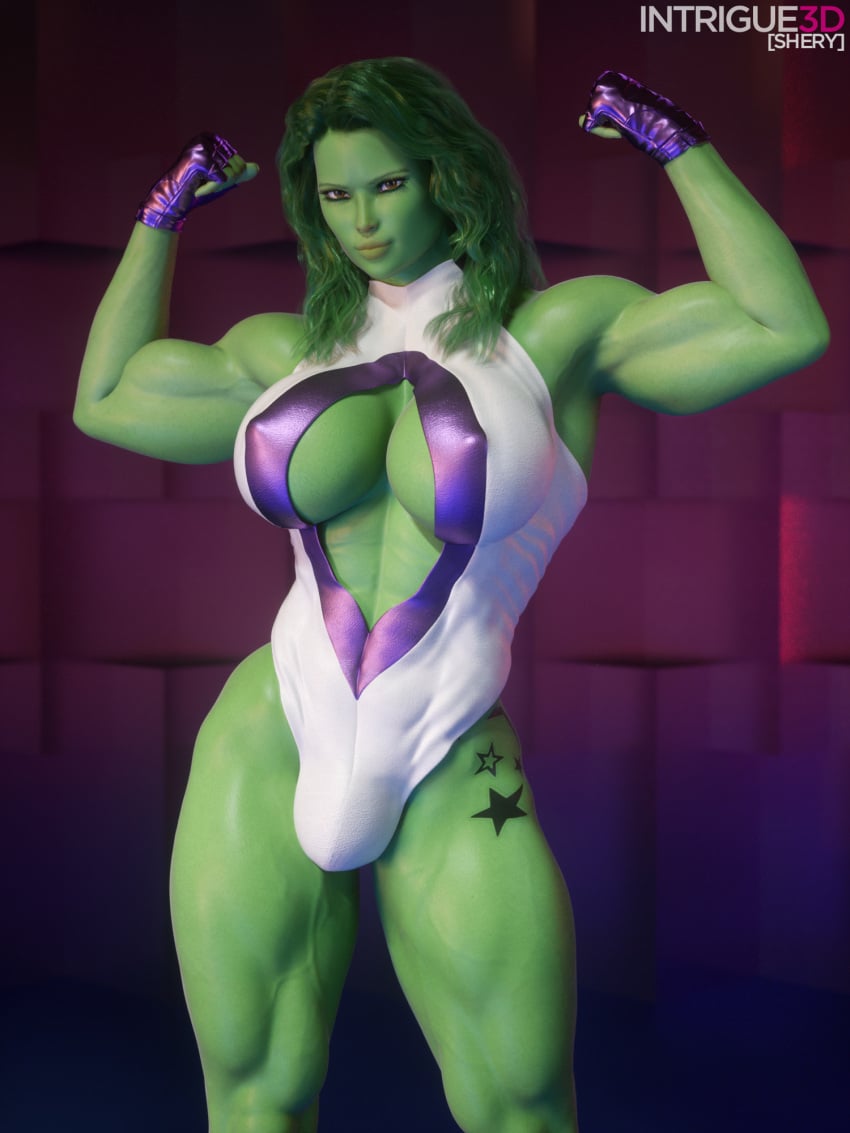 1futa 3d avengers big_breasts breasts bulge bulge_through_clothing flexing futa_only futanari green_hair green_skin huge_breasts intrigue3d marvel marvel_comics muscular muscular_futanari she-hulk she-hulk_(cosplay) she-ry solo solo_futa