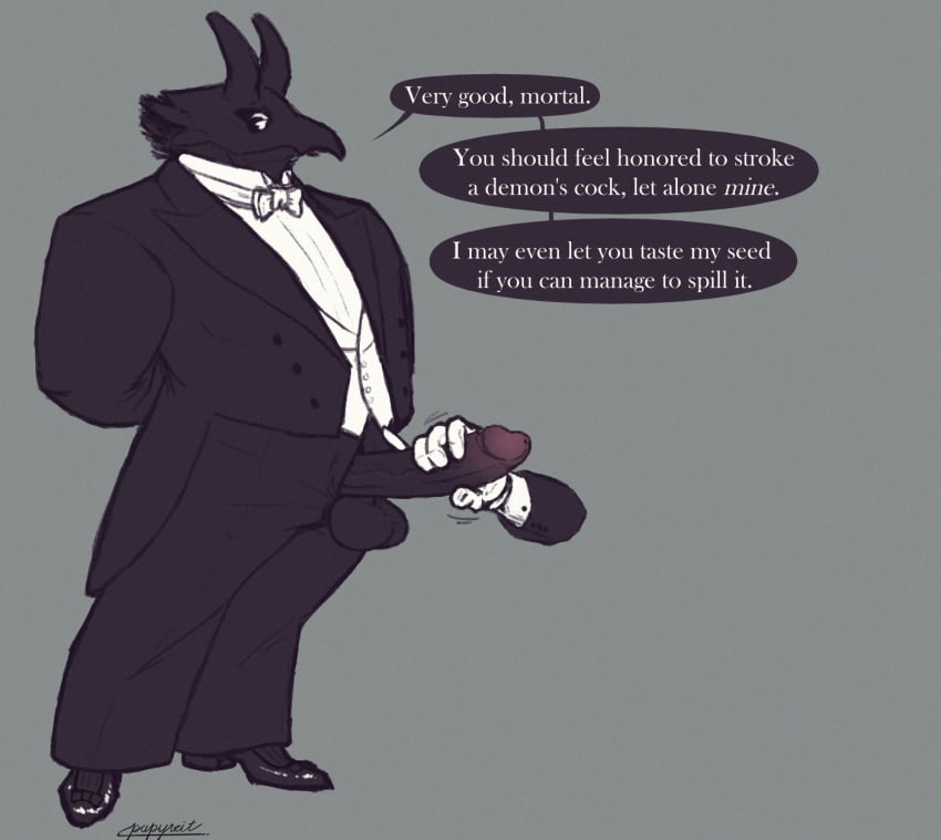 anthro balls beak big_penis black_body black_clothing black_footwear black_socks bow_tie cassius_(papyreit) classy clothing coat collar cuff_links demon dialogue disembodied_hand dress_pants dress_shirt dress_shoes erection footwear foreskin formal_wear genitals handjob hi_res horn male narcissism necktie overweight overweight_anthro overweight_male papyreit penile penis penis_poking_out penis_through_fly sex shirt socks solo speech_bubble spikes standing tailcoat topwear vest white_necktie