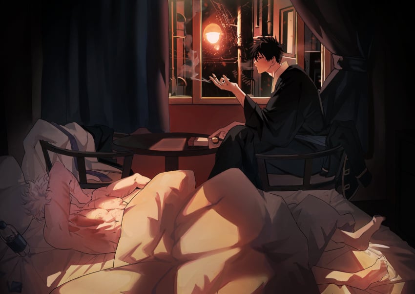 2boys after_sex bite_mark bite_marks black_hair clothed_male_nude_male condom_wrapper covering_face detailed_background gay gintama gintoki_sakata hijikata_toshiro hotel hotel_room kimono male male_only nude_male on_back on_bed scars smoking tteogbokki123 white_hair window yaoi