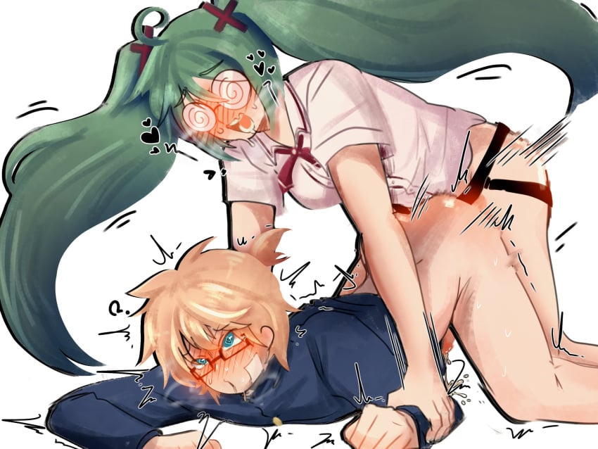 1boy 1girls anal anal_sex blonde_hair blue_hair blush confessions_of_a_rotten_girl_(vocaloid) female femdom fujoshi fujoshi_miku glasses hatsune_miku heart hetero kagamine_len male mioskak mv_character pegging plus_danshi_(vocaloid) strap-on vocaloid