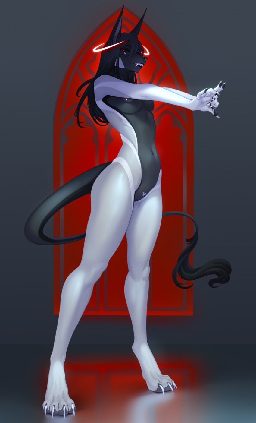 absurd_res anthro breasts claws female hi_res looking_at_viewer monian nude solo standing tail unknown_species