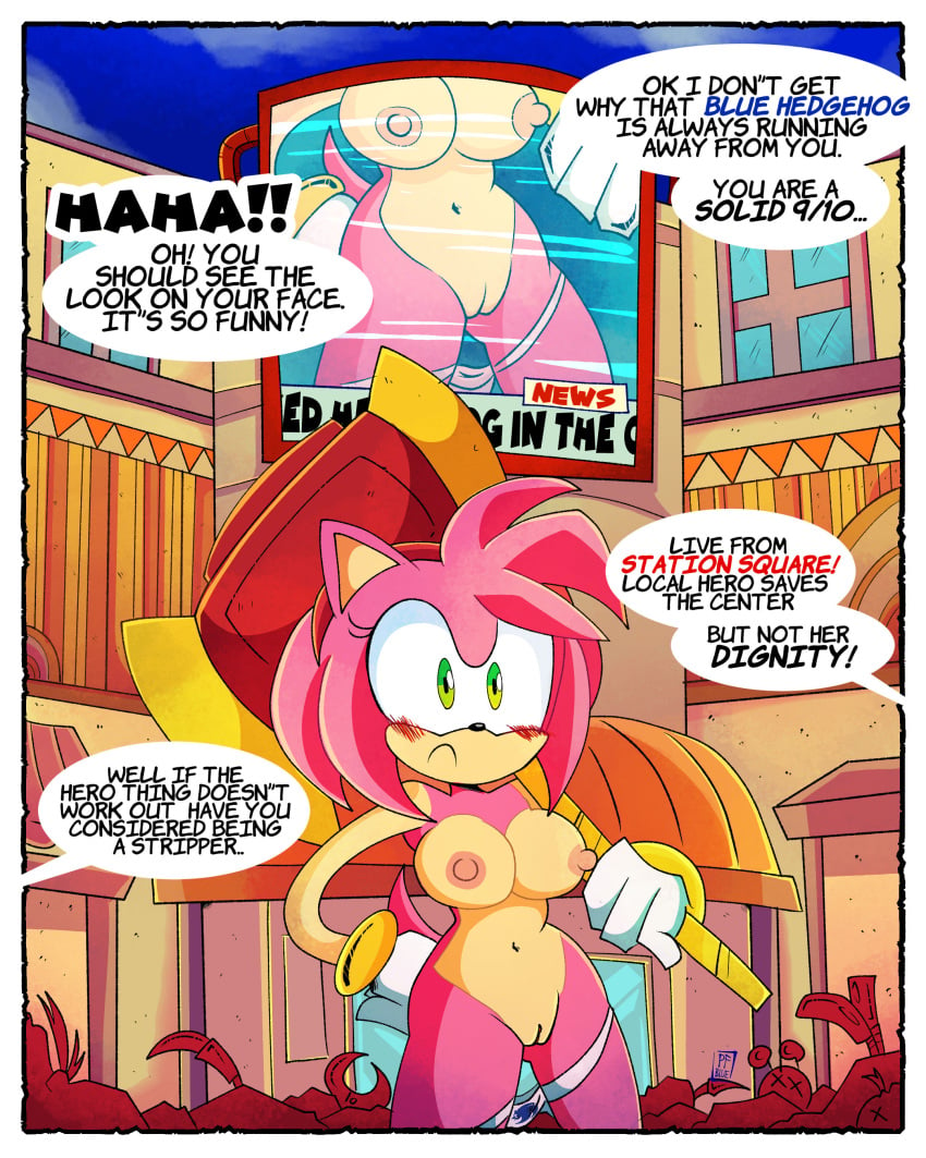 accidental_exposure amy_rose blush breasts breasts comic_page comic_panel embarrassed embarrassed_nude_female exposed_ass exposed_breasts exposed_pussy green_eyes naked_in_public nipples panties panties_only popfulblue public_humiliation public_indecency public_nudity pussy recorded shocked_expression sonic_(series) sonic_the_hedgehog_(series) station_square