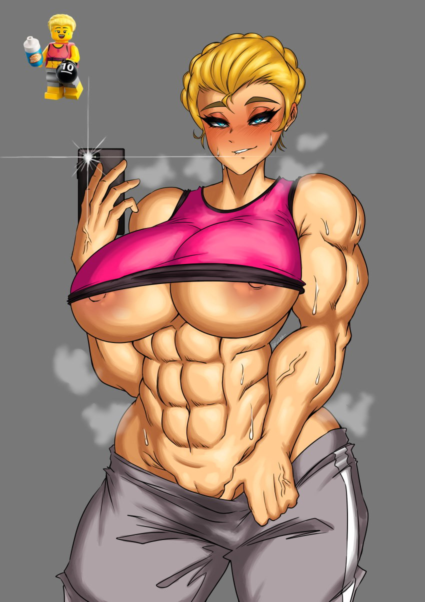 1girls abs areolae biceps big_breasts blonde_hair blue_eyes blush breasts cellphone female female_only instructor lego lego_minifigures looking_at_viewer muscular muscular_female nipples no_bra no_panties pants pants_down phone png pussy ryosuart solo sports_bra sweat sweaty_body thick_thighs underboob wide_hips