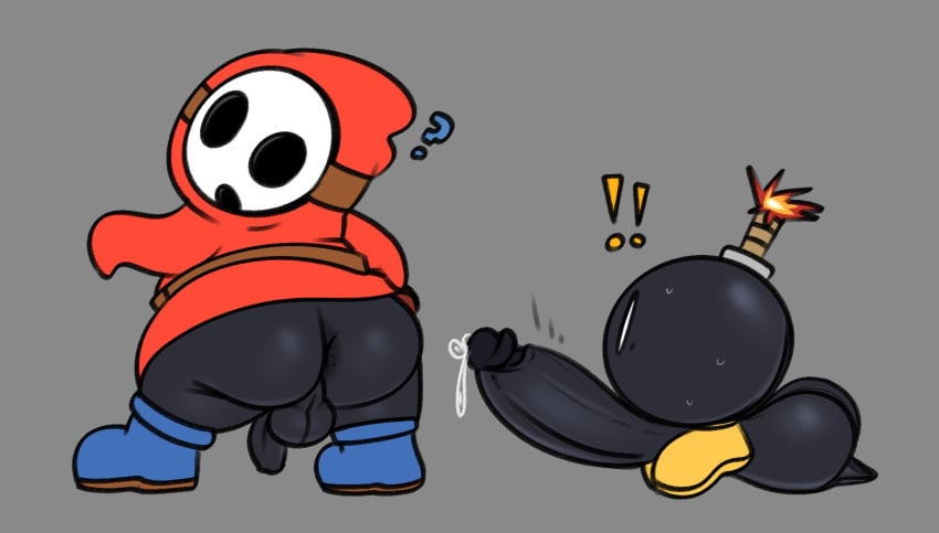 2025 2boys anthro anus ass balls big_balls big_butt big_penis black_anus black_balls black_body black_glans black_penis blue_clothing blue_footwear blue_shoes bob-omb bodily_fluids bomb clothing completedlemon duo exclamation_point explosives fire footwear genital_fluids genitals glans grey_background hi_res hoodie huge_balls huge_cock humanoid_genitalia humanoid_penis hyper hyper_balls hyper_genitalia hyper_penis lit_fuse looking_back male mario_(series) nintendo penis precum presenting presenting_hindquarters question_mark red_clothing red_hoodie red_topwear shoes shy_guy shyguy simple_background sweat sweatdrop topwear white_mask yellow_clothing yellow_footwear yellow_shoes