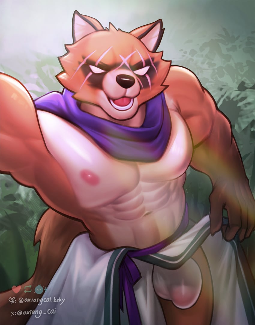 abs anthro asian_clothing axiang_cai biped black_nose bottomwear brown_body brown_ears brown_fur brown_tail bulge canid canine clothed clothed_anthro clothed_male clothing detailed_background detailed_bulge east_asian_clothing empty_eyes epic_games eye_scar facial_markings facial_scar fortnite fur genital_outline glistening glistening_body glistening_skin green_clothing hajime_(fortnite) head_markings hi_res looking_at_viewer male male_anthro mammal markings mask_(marking) multicolored_body multicolored_clothing multicolored_fur muscular muscular_anthro muscular_male navel open_mouth open_smile pecs penis_outline purple_scarf raccoon_dog raised_bottomwear raised_clothing scar scarf selfie smile smiling_at_viewer solo tail tanuki teeth tongue two_tone_body two_tone_fur underwear white_body white_clothing white_fur white_inner_ear white_underwear