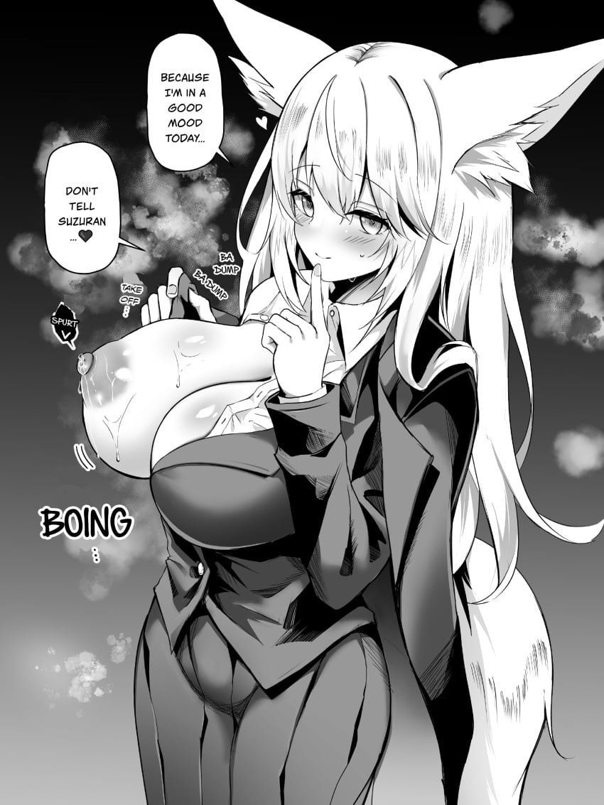 1girls arknights english english_dialogue english_text female female_focus female_only fox fox_ears fox_girl fox_tail horny horny_female inviting inviting_to_sex kokihanada lactating lactation large_breasts light-skinned_female light_skin looking_at_viewer monochrome smile smiling smiling_at_viewer steam steaming_body suggestive suggestive_look tagme translated vulpisfoglia_(arknights)