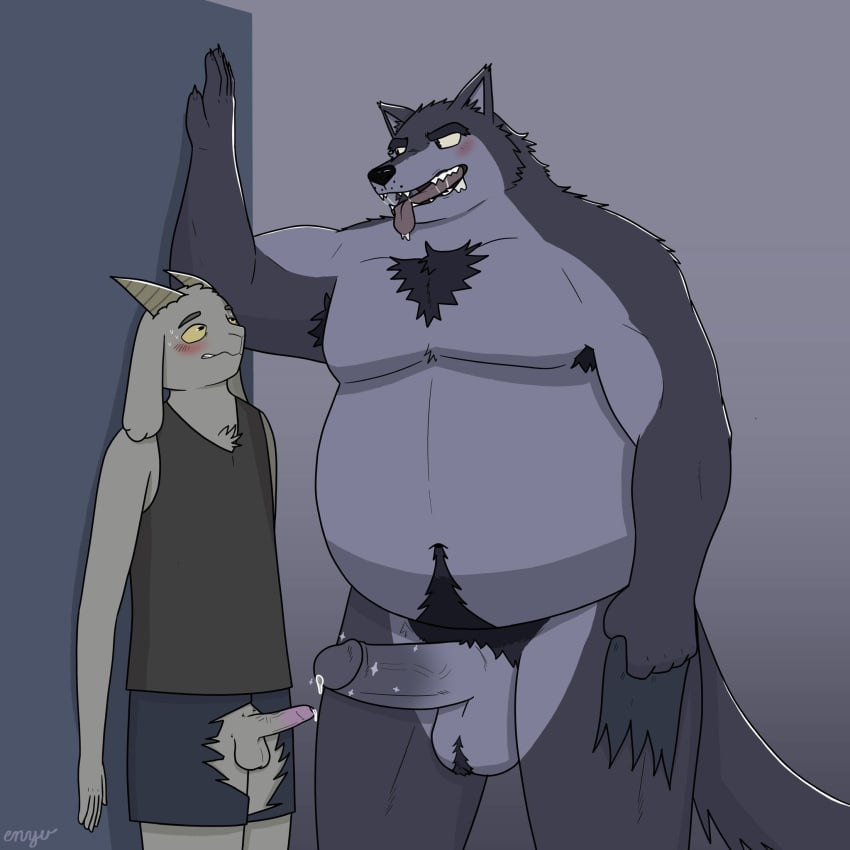 anthro bovid canid canine caprine duo enyuskii genitals goat hi_res male male/male mammal mythological_canine mythological_creature mythology overweight overweight_male penis pinned pinned_to_wall scaroused size_difference werecanid werecanine werecreature werewolf