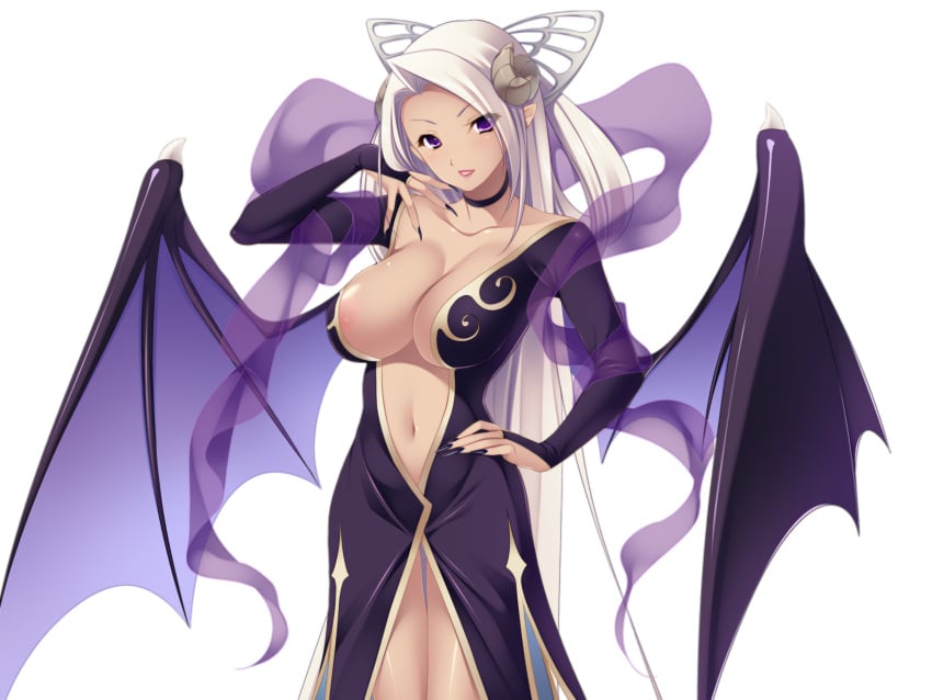 1girls ayase_hazuki breasts cleavage dark-skinned_female dark_skin demon_girl dress female_focus fingernails game_cg grand_cru_bourgeois hand_on_own_hip horns large_breasts legs long_fingernails long_hair looking_at_viewer mefisu_yura_shatana nail_polish navel nukidoki! purple_eyes simple_background smile solo standing thighs white_hair wings