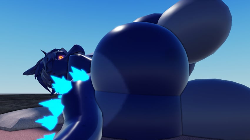 2024 3d ass big_butt blue_fur blue_scales huge_butt kahrin_(artist) kaiju_(kaiju_paradise) kaiju_paradise looking_at_viewer male naked nude rear_view reptilian roblox roblox_game scalie solo tagme