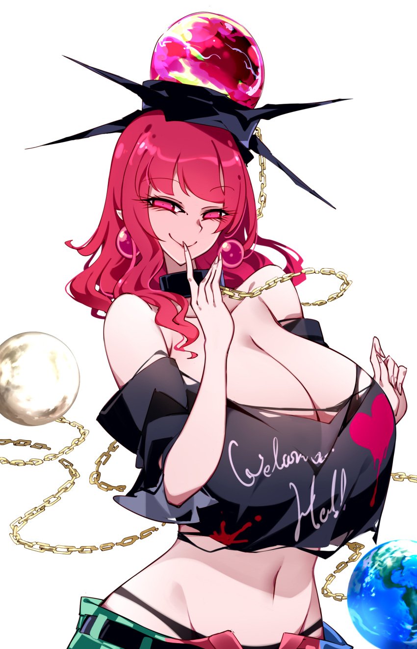 black_panties breasts cleavage curvy curvy_figure hecatia_lapislazuli huge_breasts looking_at_viewer midriff panties raptor7 red_eyes red_hair ripped_clothing ripped_clothing smile smiling_at_viewer smirk touhou wavy_hair