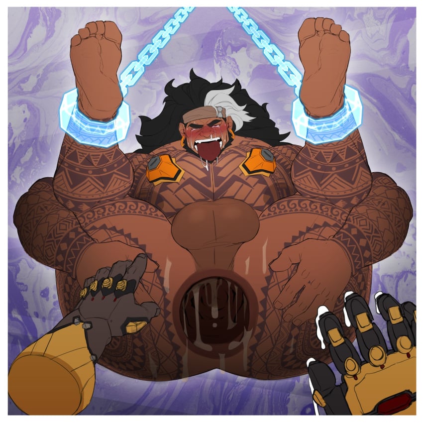 2boys anus ass asshole balls bandana bara beard big_ass big_balls big_butt big_pecs big_penis black_hair blush chained chained_ankles chains doomfist ear_piercing earrings feet feet_above_head feet_up fist gaping_anus gauntlet gay male male/male mauga nu_nudo_do overwatch overwatch_2 presenting stretched_anus stretching stretching_anus tattoo tattoo_on_arm tattoo_on_butt tattoo_on_chest tattoo_on_legs tattooed_arm tattoos white_hair_streak yaoi