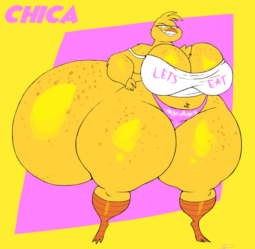 1girls anthro ass ass_bigger_than_head ass_bigger_than_torso ass_built_separately avian big_ass big_breasts bottom_heavy breasts bubble_butt chica_(fnaf) clothing colossal_ass dat_ass enormous_ass fat_ass female female_only five_nights_at_freddy's freckles gigantic_ass huge_ass hyper hyper_ass large_ass looking_at_viewer massive_ass panties png schplingnops shirt smile solo text_on_clothing thick_ass thick_thighs thunder_thighs wide_hips