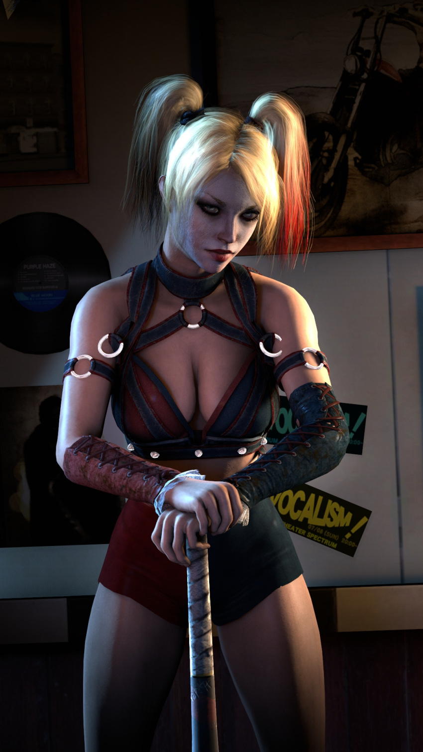 1girls 2017 3d absurdres ayatollaofrock bare_shoulders baseball_bat batman:_arkham_knight batman_(series) big_breasts black_hair blonde blonde_hair blue_eyes breasts cleavage corset costume covered_breasts dc dc_comics eyebrows eyelashes facepaint facial_mark female female_only front_view hair hands harley_quinn harley_quinn_(arkham) harley_quinn_(arkham_knight) hips holding_weapon human large_breasts legs lips lipstick long_hair looking_at_viewer makeup multicolored_hair nose red_hair red_lipstick shiny shiny_skin solo source_filmmaker standing supervillain thighs tied_hair twintails video_game villain weapon