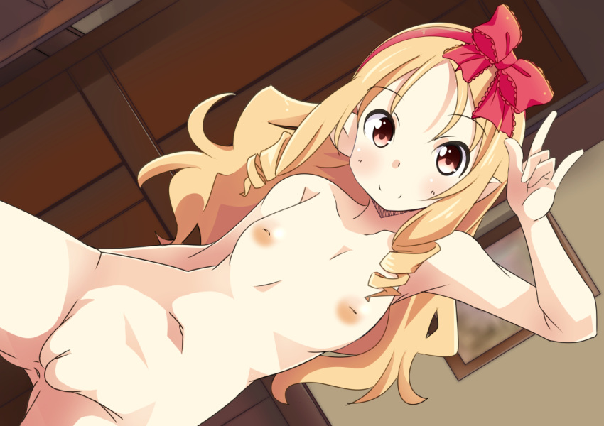 \m/ anus ass_visible_through_thighs blonde_hair blush breasts cleft_of_venus eromanga_sensei female hairband inverted_nipples long_hair looking_at_viewer naruse_mai navel nude pointy_ears purple_eyes pussy small_breasts solo yamada_elf