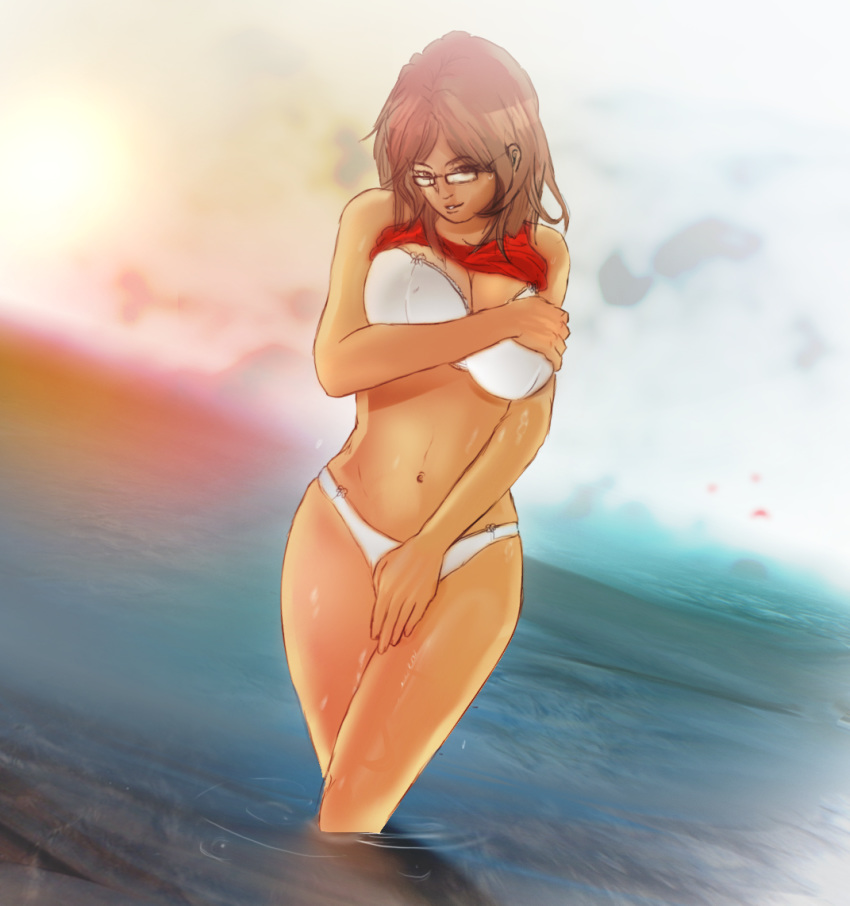 athorment_oc barely_clothed bra breasts brown_eyes brown_hair cleavage dark-skinned_female evelyn_(athorment) evelyn_(athorment)_(female) female glasses hips long_hair looking_at_viewer mrbudguy navel original_character panties shirt_lift solo solo_focus thighs wet_clothes