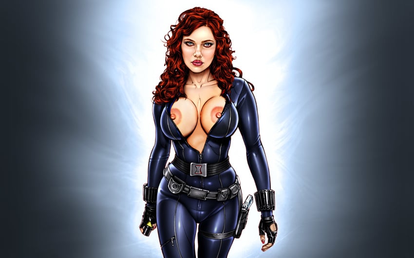 1girls actress armando_huerta avengers belt black_widow_(marvel) blue_eyes bodysuit celebrity cleavage colored covered_breasts eyelashes female female_only fingerless_gloves gloves hips human iron_man_2 large_breasts legs lipstick long_hair looking_at_viewer makeup marvel marvel_cinematic_universe marvel_comics nail_polish natasha_romanoff nipples red_hair scarlett_johansson solo standing tagme thighs